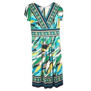 AB Studios Women's Sz M Colorful A Line Zipped Green Blue V Neck Dress